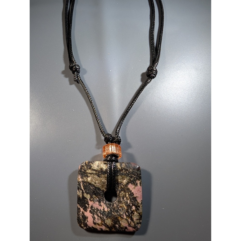 Natural Rhodonite Stone Square Donut Pendant Adjustable Black Cord Necklace